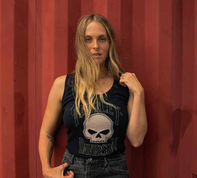 woman wearing Willie G Skull tank top